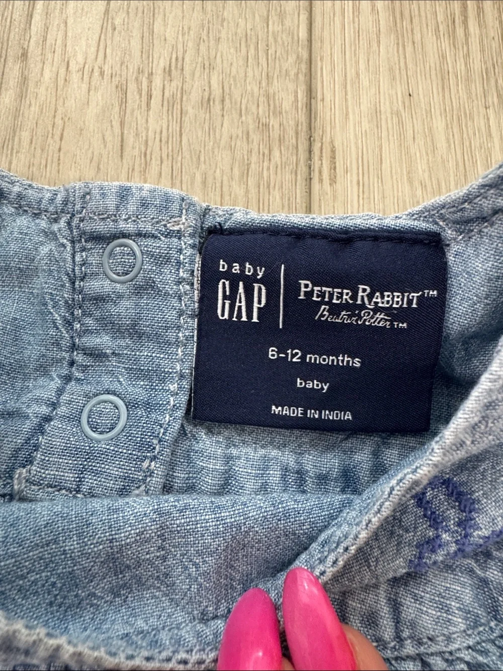 GAP x Peter Rabbit Chambray Romper with Coral and Navy Carrot Embroidery
